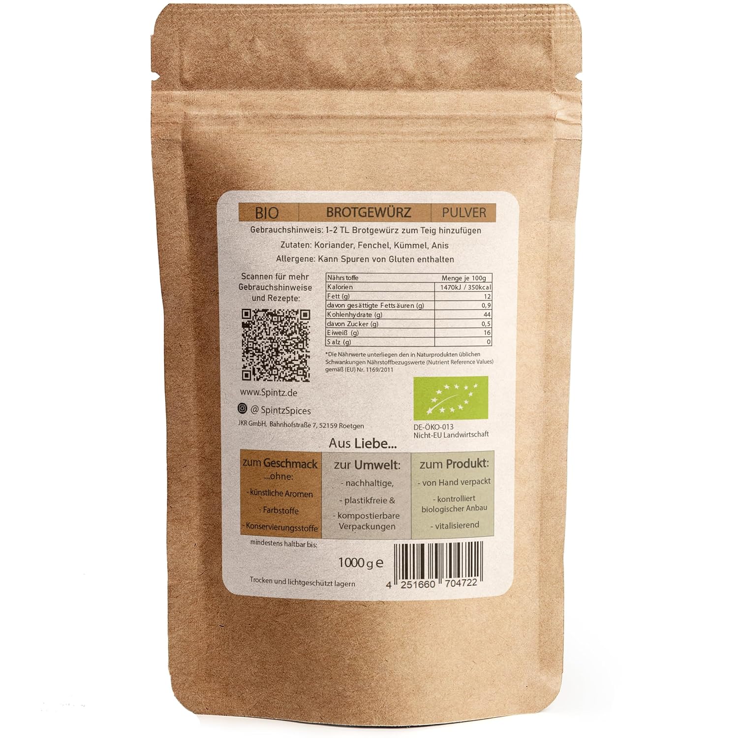 Rückseite der SPINTZ Bio Brotgewürz Verpackung mit Zutaten, Nährwerten und Bio-Siegel