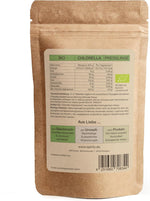 Rückseite des SPINTZ Bio Chlorella Doypacks mit Nährwertangaben, Bio-Siegel und Herkunftsangaben