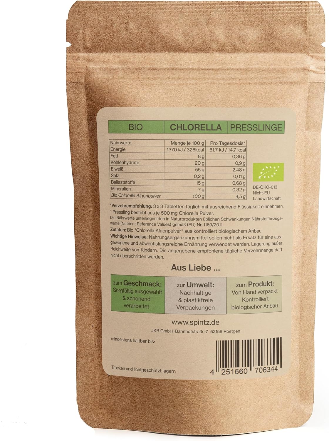 Rückseite des SPINTZ Bio Chlorella Doypacks mit Nährwertangaben, Bio-Siegel und Herkunftsangaben