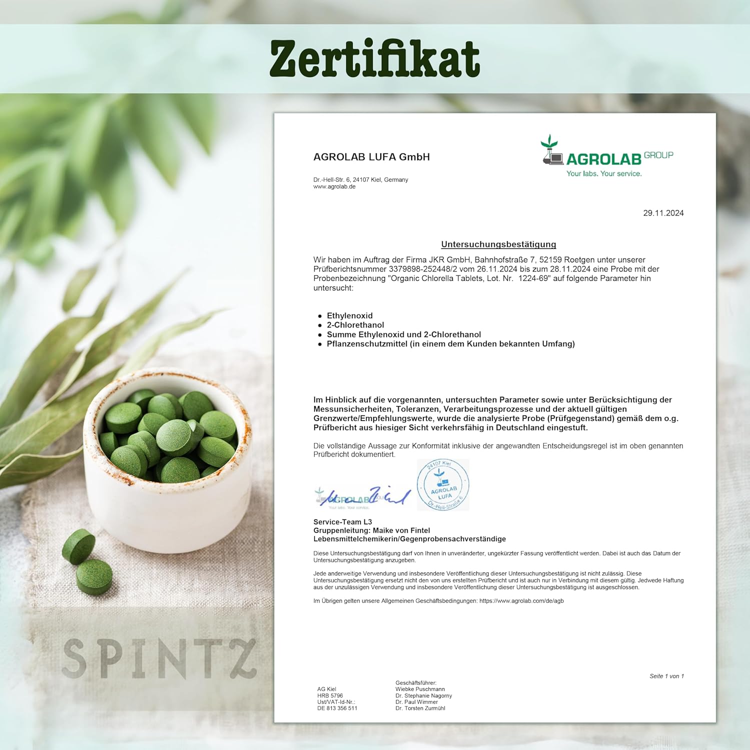 SPINTZ Bio Chlorella Qualitätszertifikat – geprüfte Reinheit und kontrolliert biologischer Ursprung