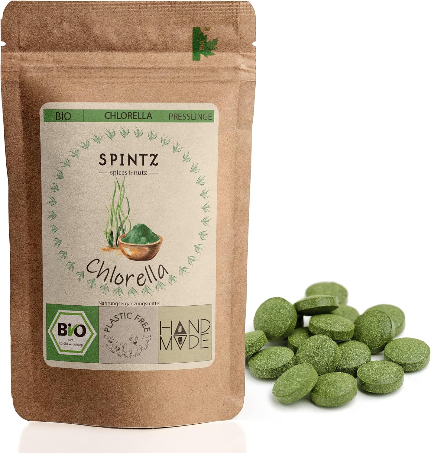 SPINTZ Bio Chlorella Presslinge im plastikfreien Doypack – handverpackt, nährstoffreich und aus nachhaltigem Anbau