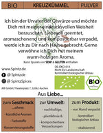 Rückseite des SPINTZ Bio Kreuzkümmel Doypacks – Produktbeschreibung, Anwendungshinweise und nachhaltige Herstellung in Deutschland