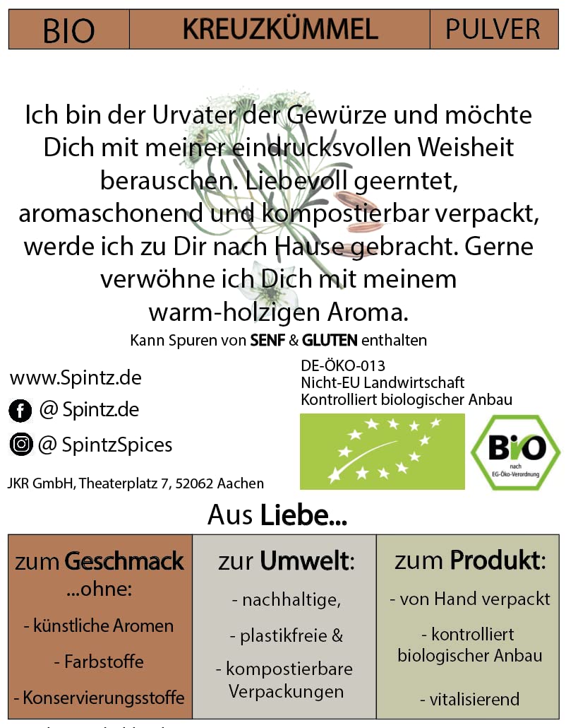 Rückseite des SPINTZ Bio Kreuzkümmel Doypacks – Produktbeschreibung, Anwendungshinweise und nachhaltige Herstellung in Deutschland