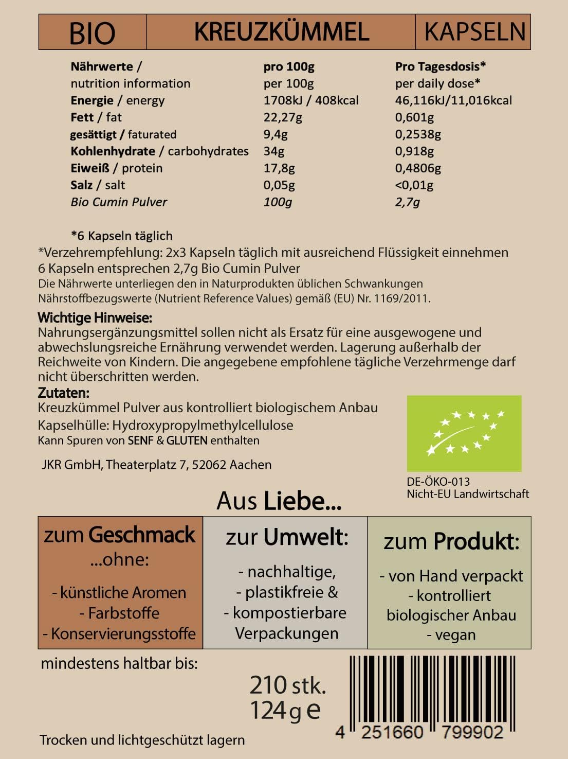 Rückseite der SPINTZ Bio Cumin Kapseln – Zutaten, Nährwertangaben und ökologische Produktinformationen im nachhaltigen Doypack