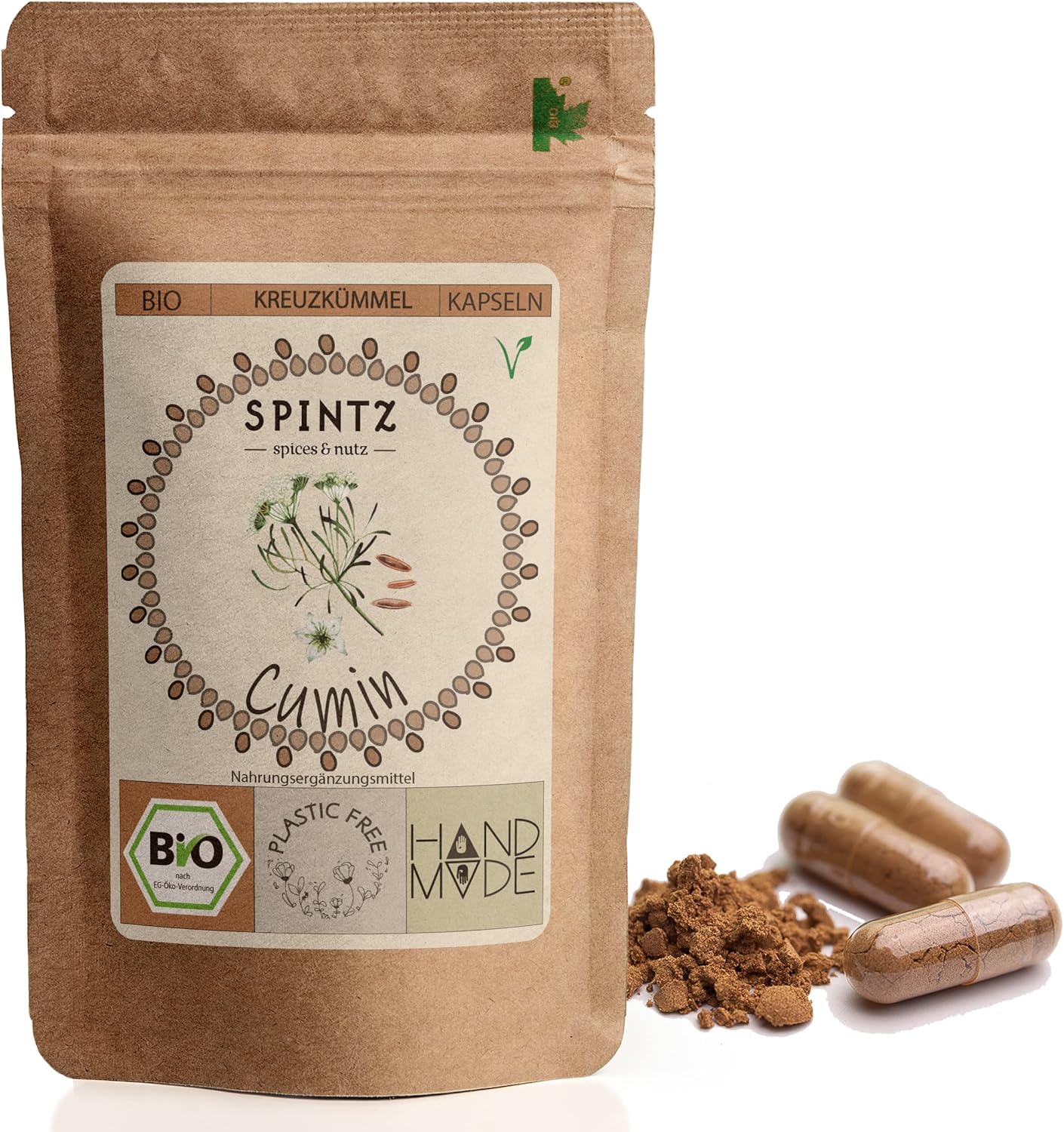 SPINTZ Bio Cumin Kapseln im nachhaltigen Doypack – natürliches Nahrungsergänzungsmittel aus gemahlenem Kreuzkümmel, handverpackt und vegan