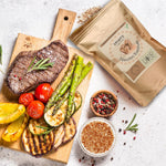 SPINTZ Dänisches Rauchsalz auf gegrilltem Gemüse und Steak – naturbelassenes Meersalz mit intensiv rauchigem Aroma