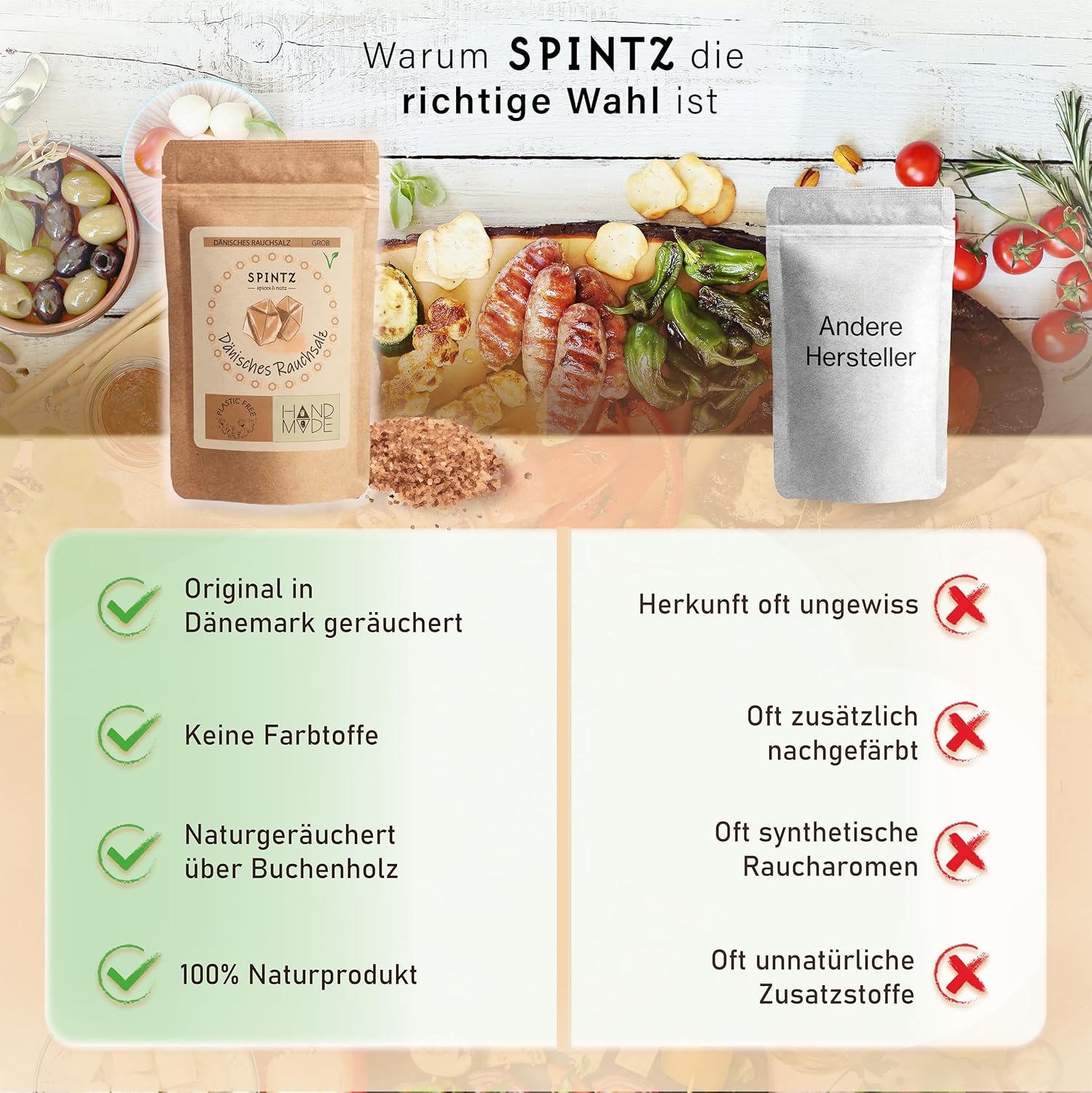 Warum SPINTZ die richtige Wahl ist – 100 % Naturprodukt, ohne Zusatzstoffe, in Dänemark geräuchert und frei von Farbstoffen
