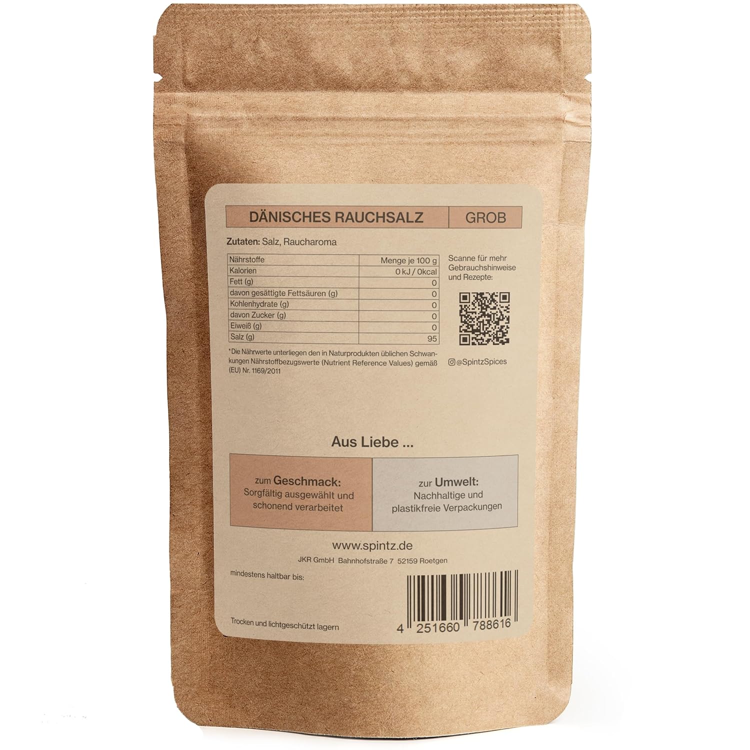 Rückseite des SPINTZ Doypacks mit Nährwertangaben und Zutaten – nachhaltige, wiederverschließbare Verpackung