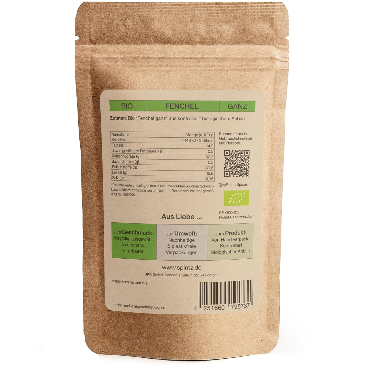 Rückseite der SPINTZ Bio Fenchelsamen Verpackung mit Inhaltsstoffen, Nährwerttabelle und Bio-Siegel