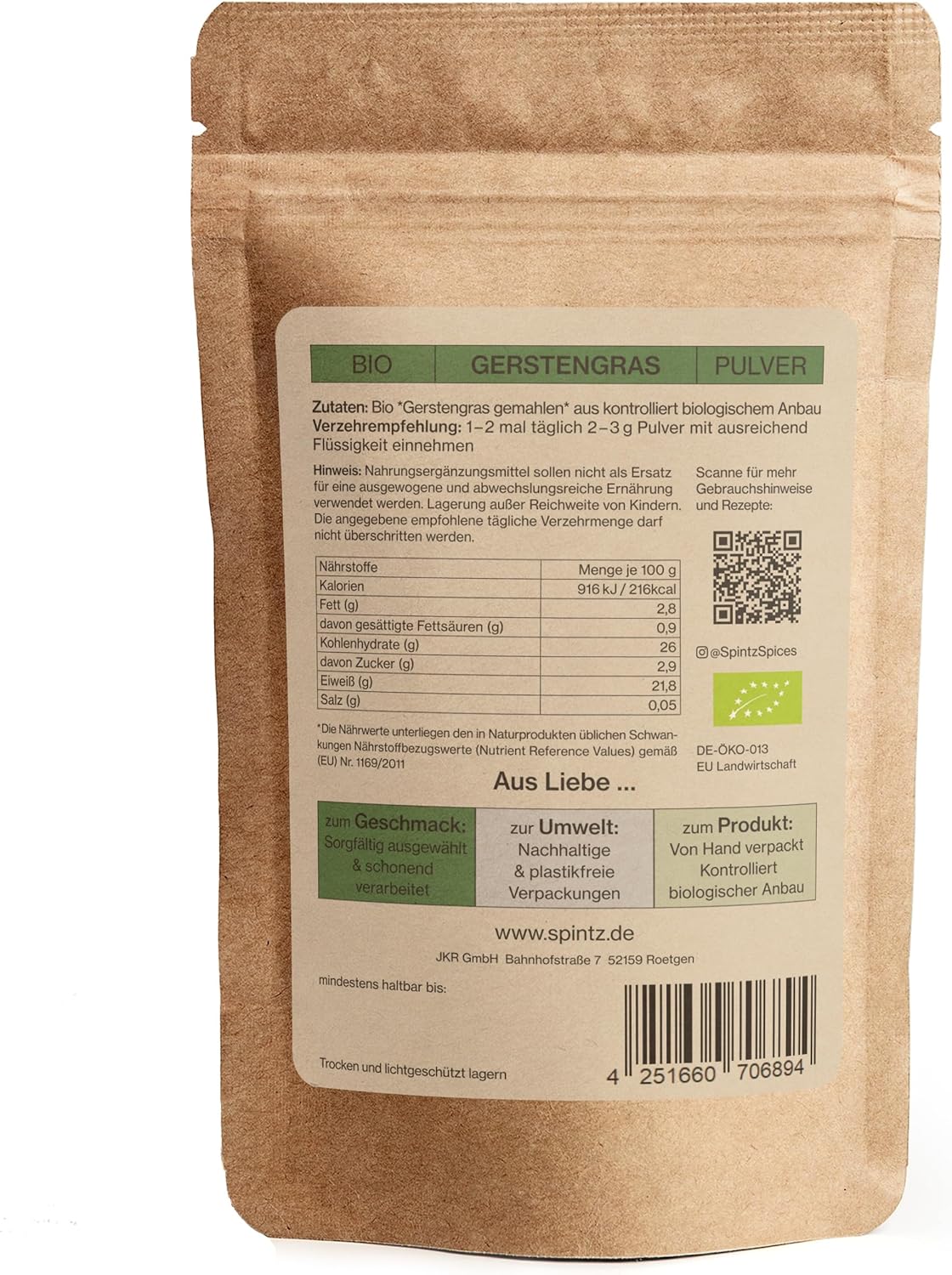 Rückseite der SPINTZ Bio Gerstengras Verpackung mit Nährwerttabelle, Bio-Siegel und Herstellerangaben