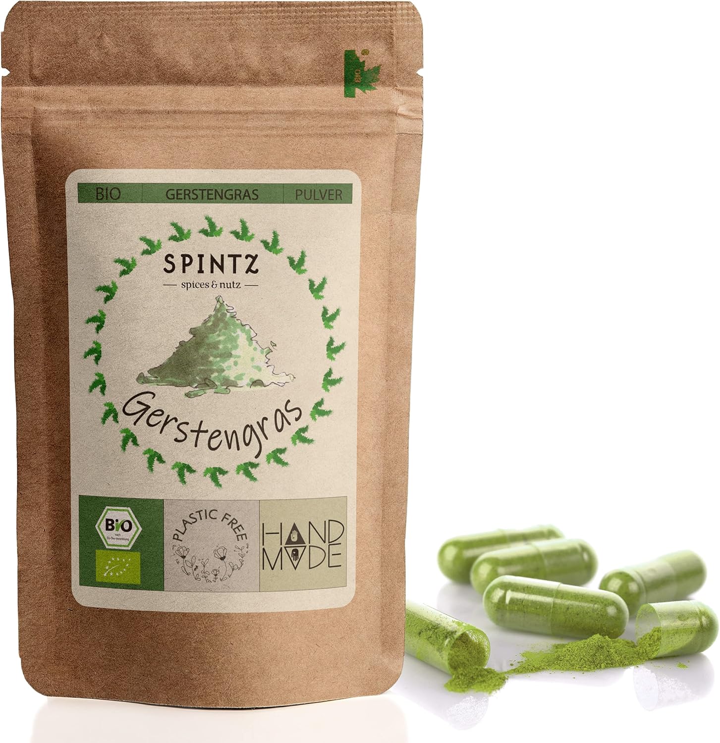 SPINTZ Bio Gerstengras Kapseln im plastikfreien Doypack – handverpackt, naturrein und schonend verarbeitet