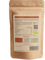 Rückseite der SPINTZ Guarana Verpackung mit Bio-Zertifikat, Anwendungshinweis und Herkunftsangabe