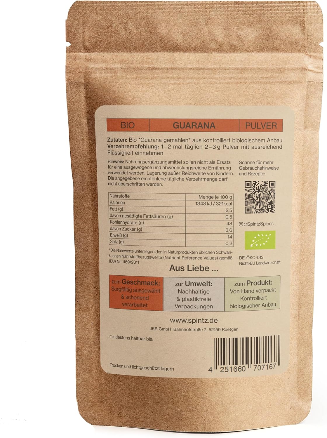 Rückseite der SPINTZ Guarana Verpackung mit Bio-Zertifikat, Anwendungshinweis und Herkunftsangabe