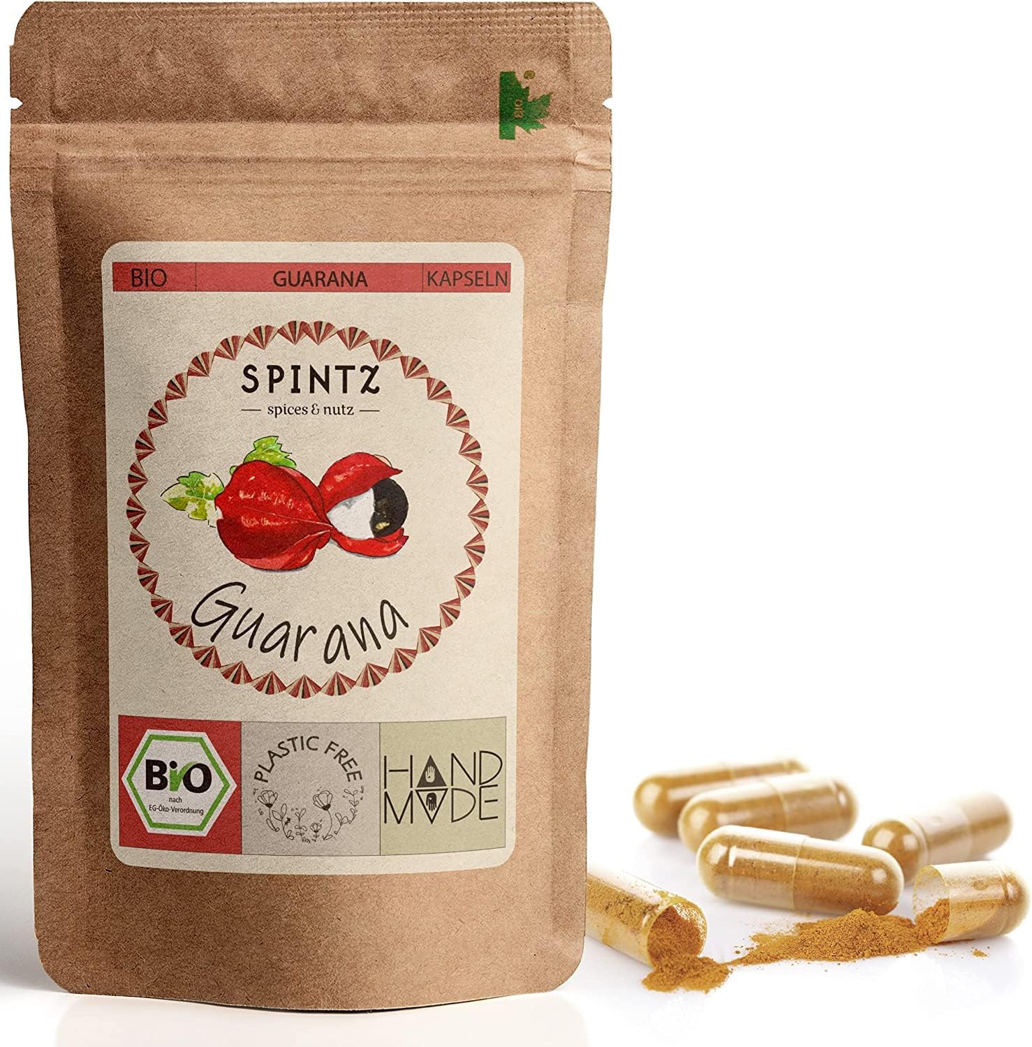 SPINTZ Guarana Kapseln im umweltfreundlichen Doypack mit Bio-Siegel – natürliche Energiequelle aus pflanzlichem Koffein