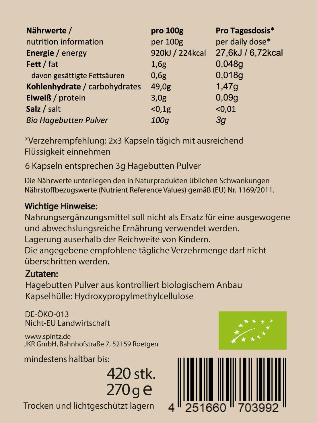 Rückseite des SPINTZ Hagebutten Kapseln Doypacks – Zutaten, Nährwertangaben und nachhaltige Verpackungsinformationen