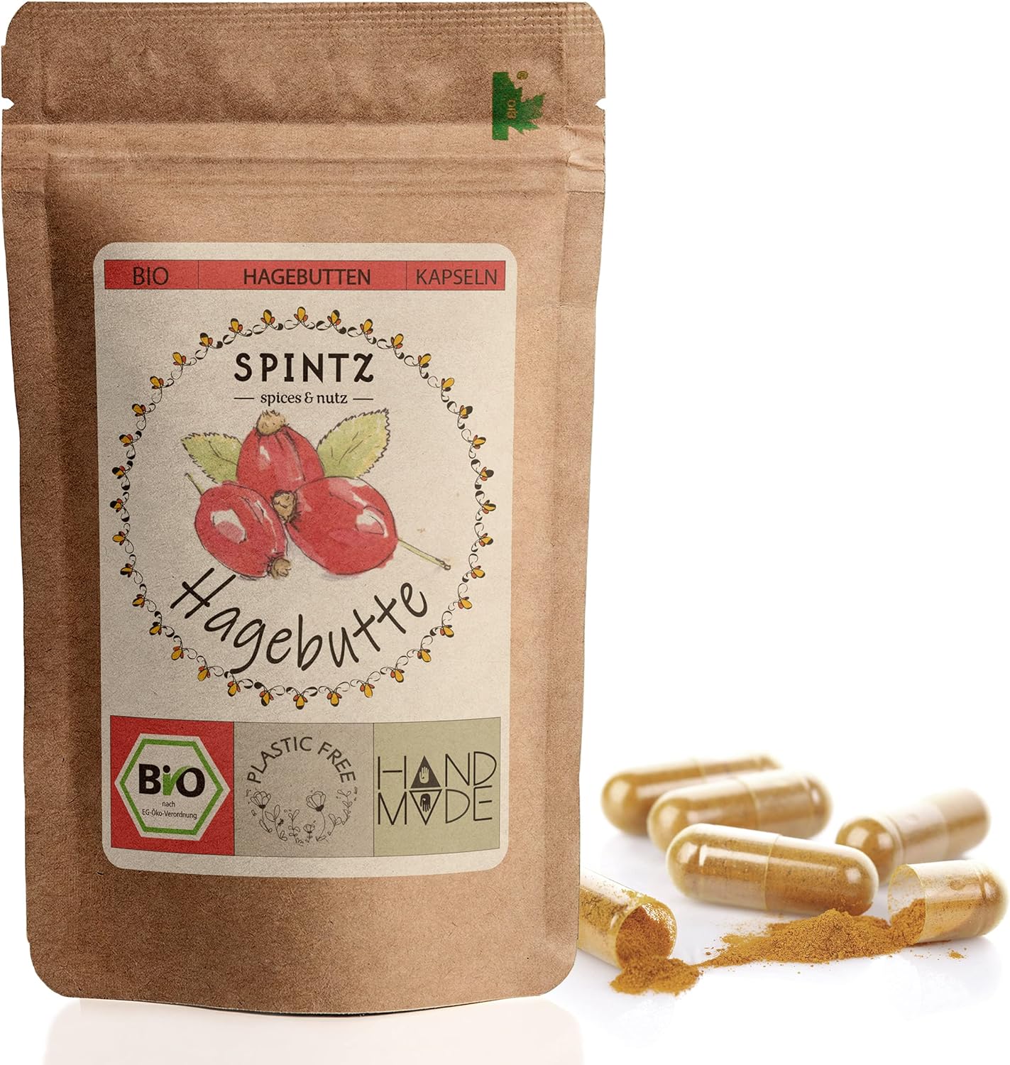 SPINTZ Bio Hagebutten Kapseln im nachhaltigen Doypack – reich an natürlichem Vitamin C, aus kontrolliert biologischem Anbau, vegan und handverpackt