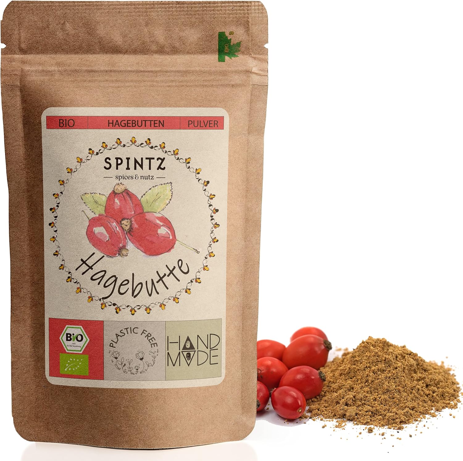 SPINTZ Bio Hagebutten Pulver im nachhaltigen Doypack – fein vermahlen, vegan, handverpackt und plastikfrei