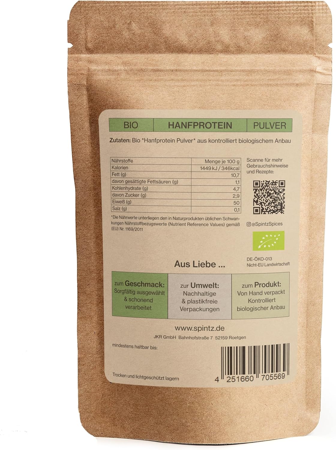 Rückseite der SPINTZ Hanfprotein Verpackung mit Nährwerttabelle, Anwendungshinweis und Bio-Siegel