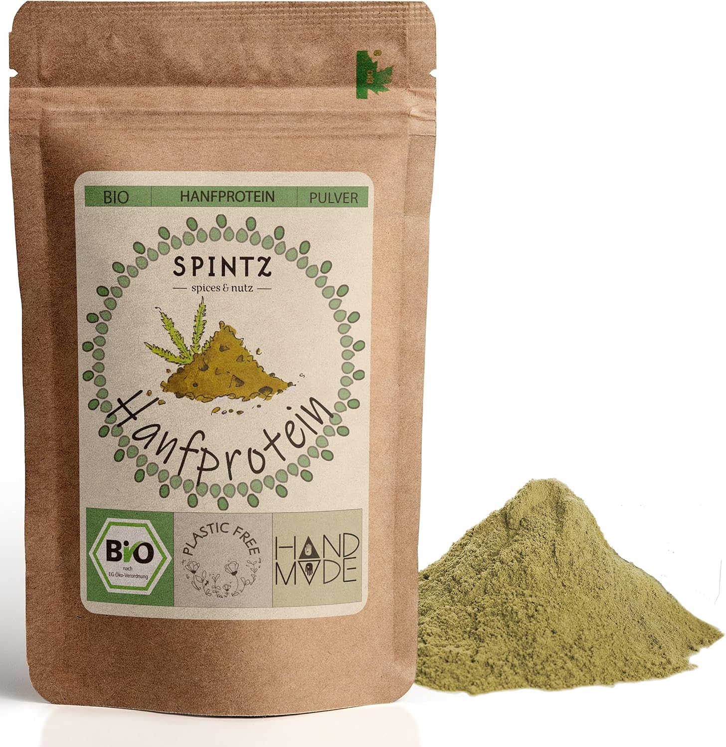 SPINTZ Hanfprotein Pulver im kompostierbaren Doypack – natürliches pflanzliches Protein aus Bio-Hanf