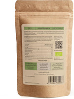 Rückseite der SPINTZ Hanfsamen Verpackung mit Nährwertangaben, Bio-Zertifikat und Herkunftsinformation