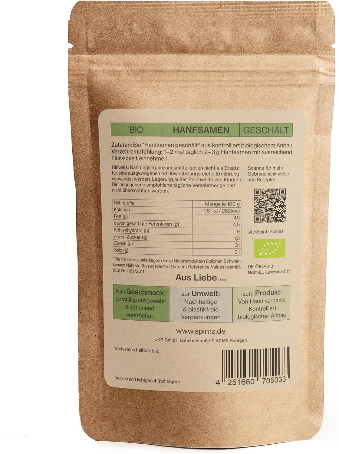 Rückseite der SPINTZ Hanfsamen Verpackung mit Nährwertangaben, Bio-Zertifikat und Herkunftsinformation