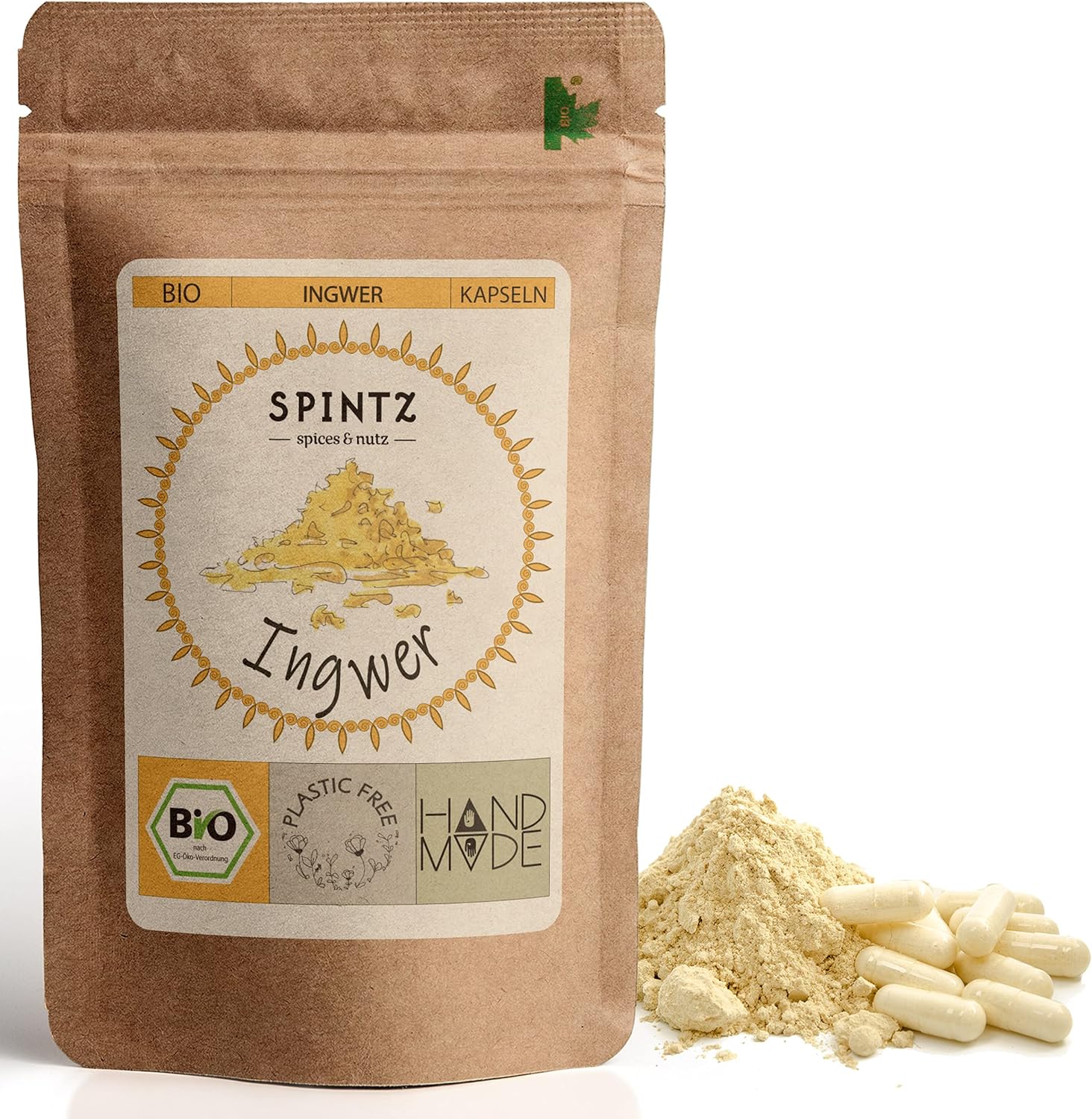 SPINTZ Bio Ingwer Kapseln im plastikfreien Doypack – handverpackt, natürlich und laborgeprüft