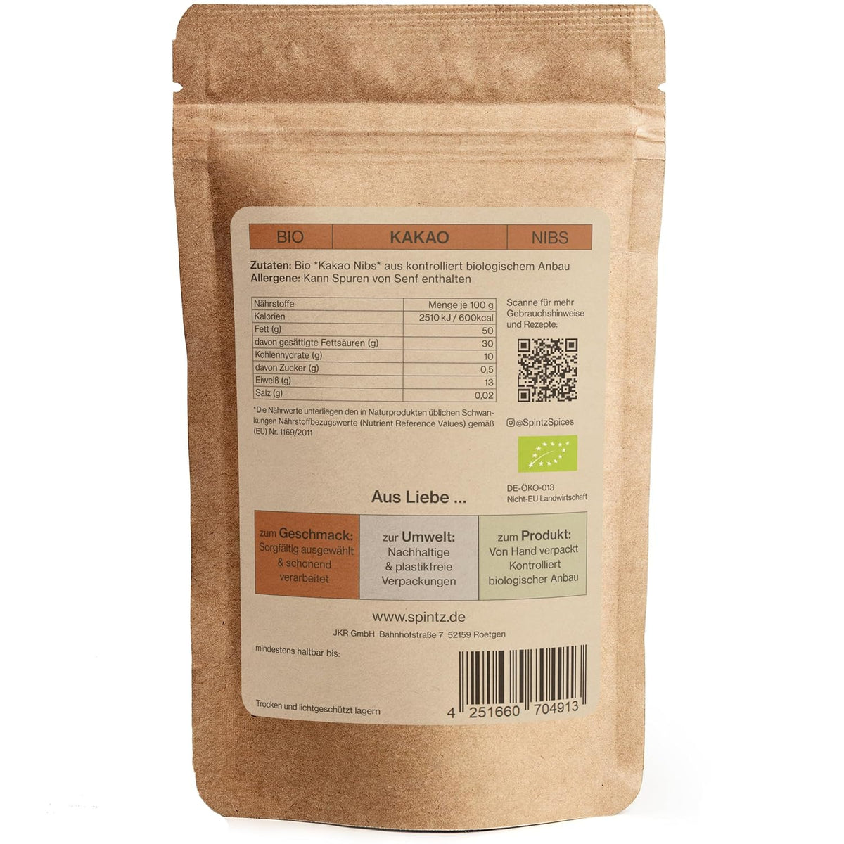 Rückseite des SPINTZ Bio Kakaonibs Doypacks mit Nährwertangaben, Bio-Siegel und nachhaltiger Herkunft