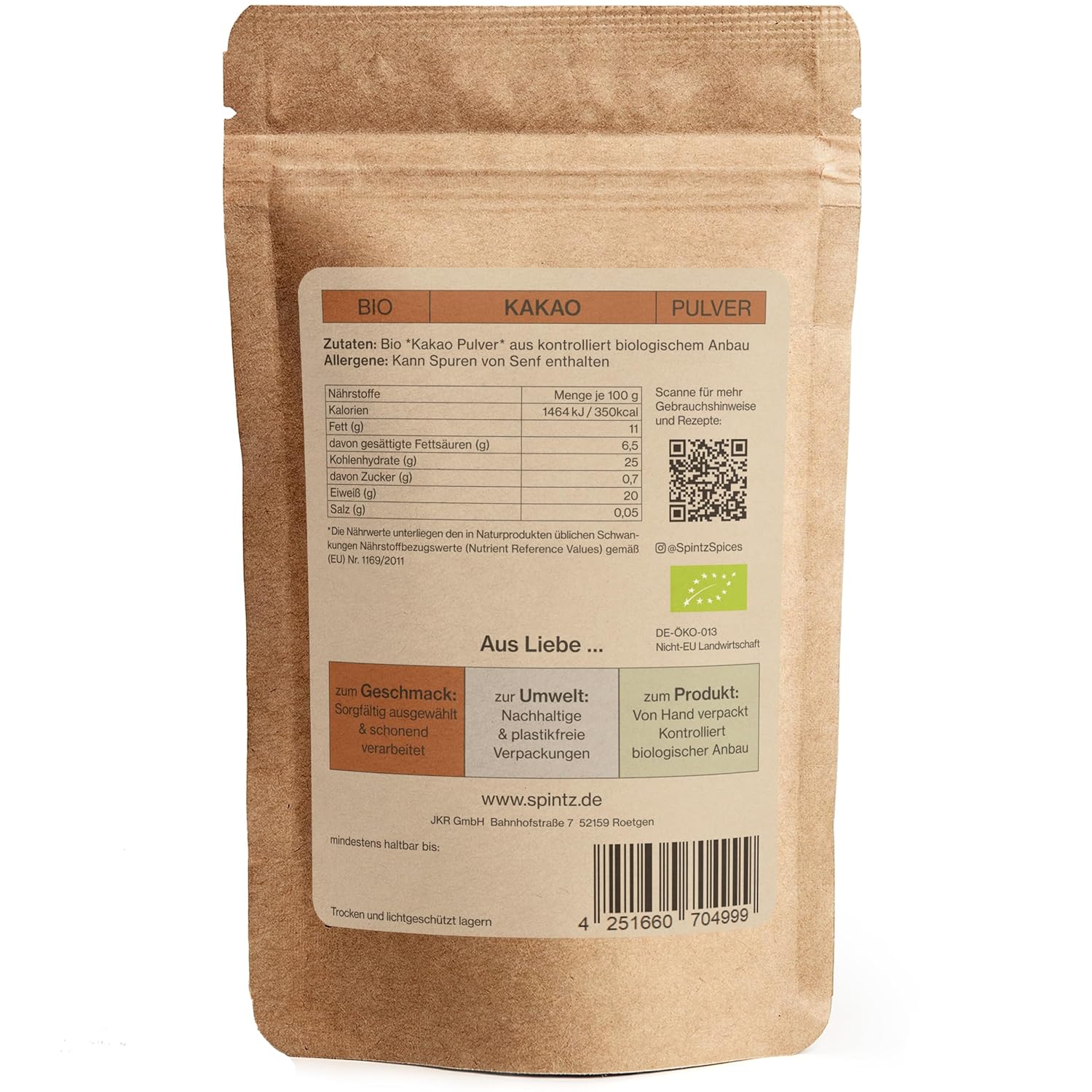 Rückseite der SPINTZ Bio Kakaopulver Verpackung mit Inhaltsstoffen, Nährwerttabelle und Bio-Zertifizierung