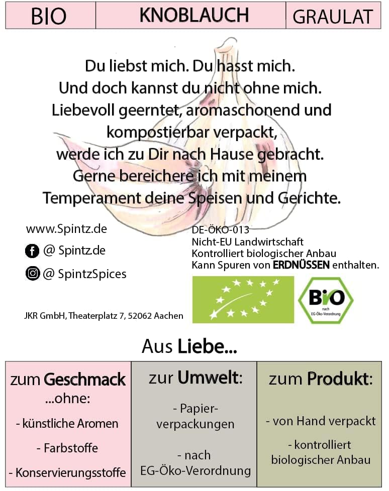 Rückseite der SPINTZ Bio Knoblauch Verpackung mit Zutatenliste, Bio-Siegel und Herstellerangaben