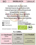 Rückseite der SPINTZ Bio Knoblauch Verpackung mit Zutatenliste, Bio-Siegel und Herstellerangaben