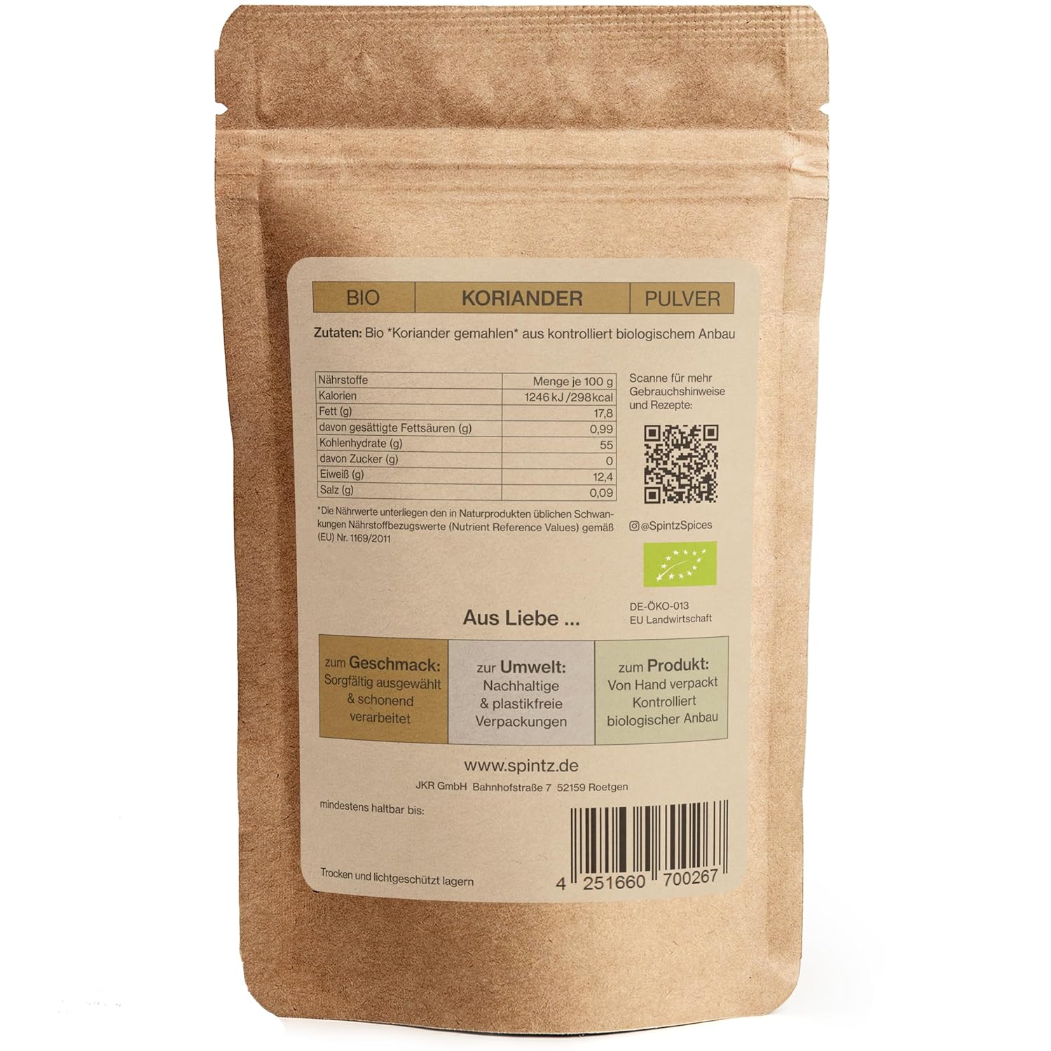 Rückseite der SPINTZ Bio Koriander Verpackung mit Zutaten, Nährwerten und Bio-Zertifikat