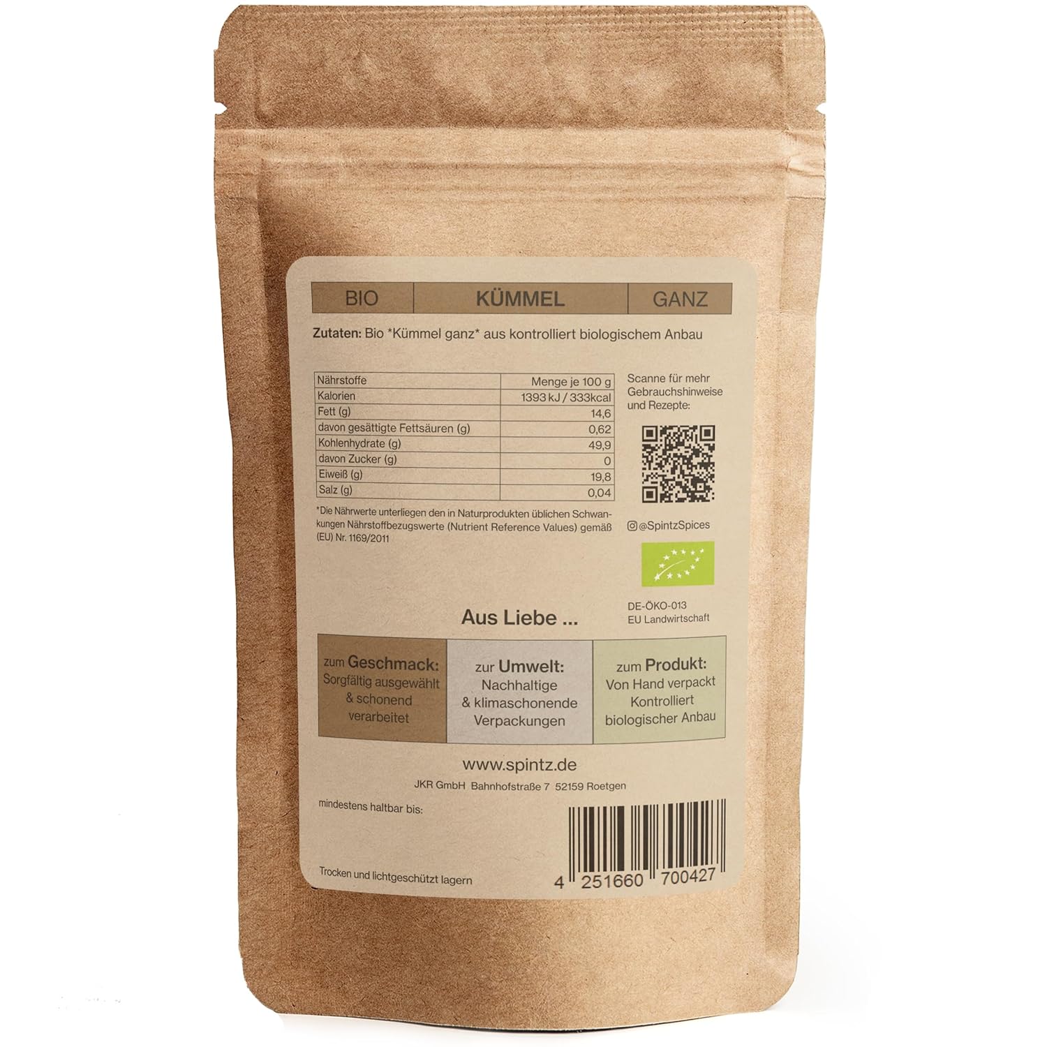 Rückseite der SPINTZ Bio Kümmel Verpackung mit Nährwertangaben, Bio-Siegel und Herstellerdaten