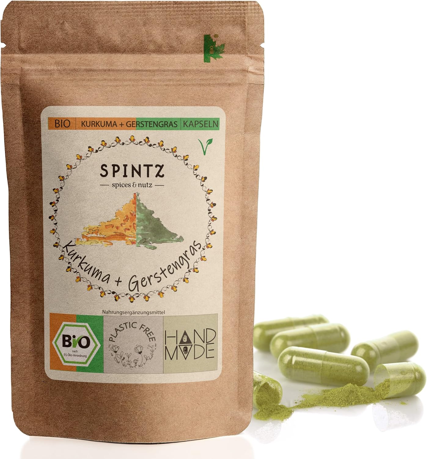 SPINTZ Kurkuma & Gerstengras Kapseln im nachhaltigen Doypack – natürliche Kombination aus Bio-Kurkuma und Bio-Gerstengras