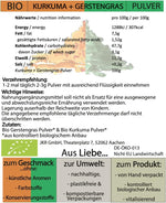 Rückseite der SPINTZ Kurkuma & Gerstengras Pulver Verpackung mit Inhaltsstoffen, Herkunft und Nährwertangaben