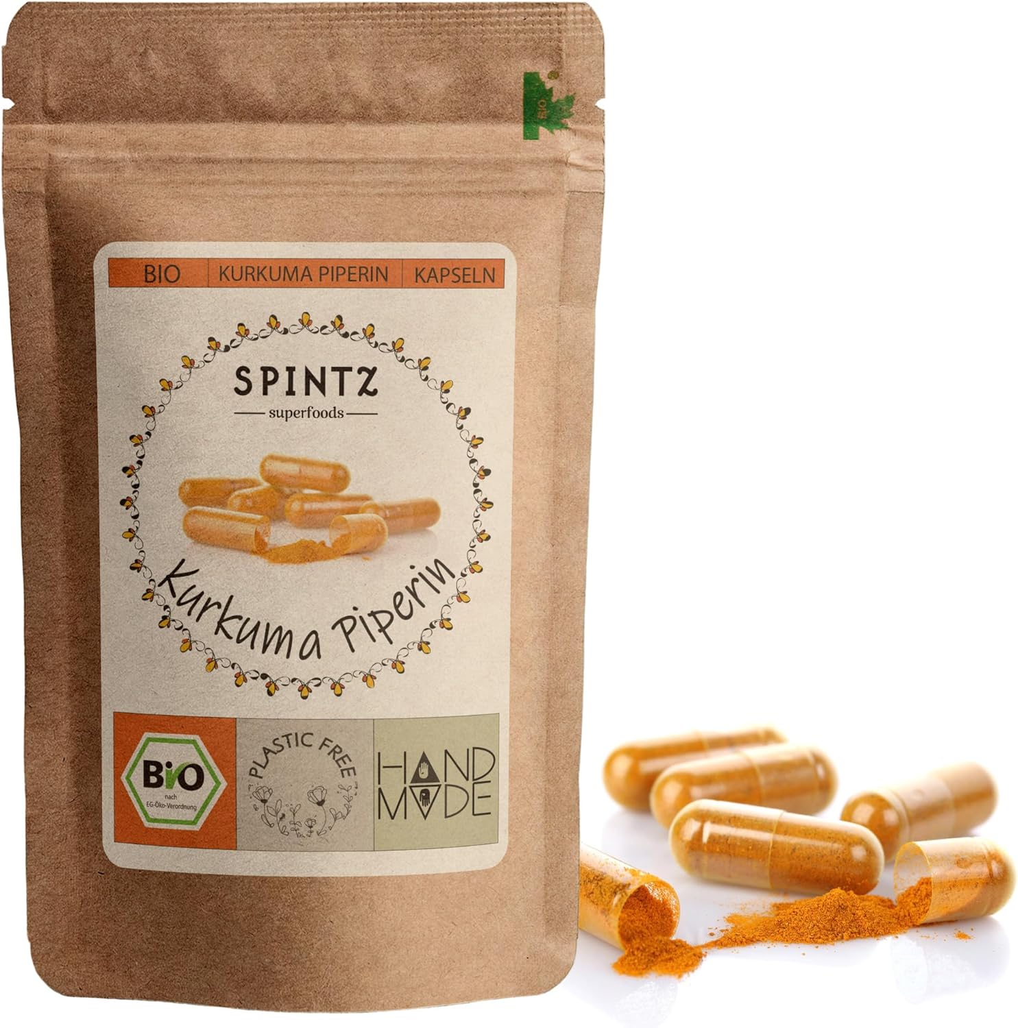 SPINTZ Bio Kurkuma Piperin Kapseln im plastikfreien Doypack – handverpackt, hochwertig und nachhaltig produziert