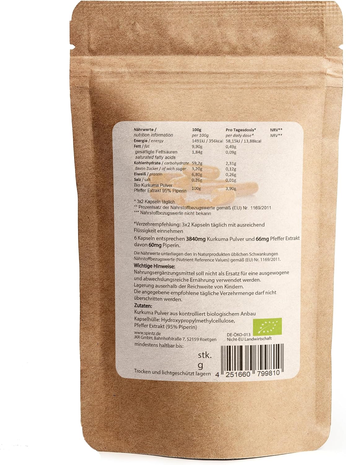 Rückseite der SPINTZ Bio Kurkuma Piperin Kapseln – Zutaten, Nährwertangaben und nachhaltige Kraftpapierverpackung