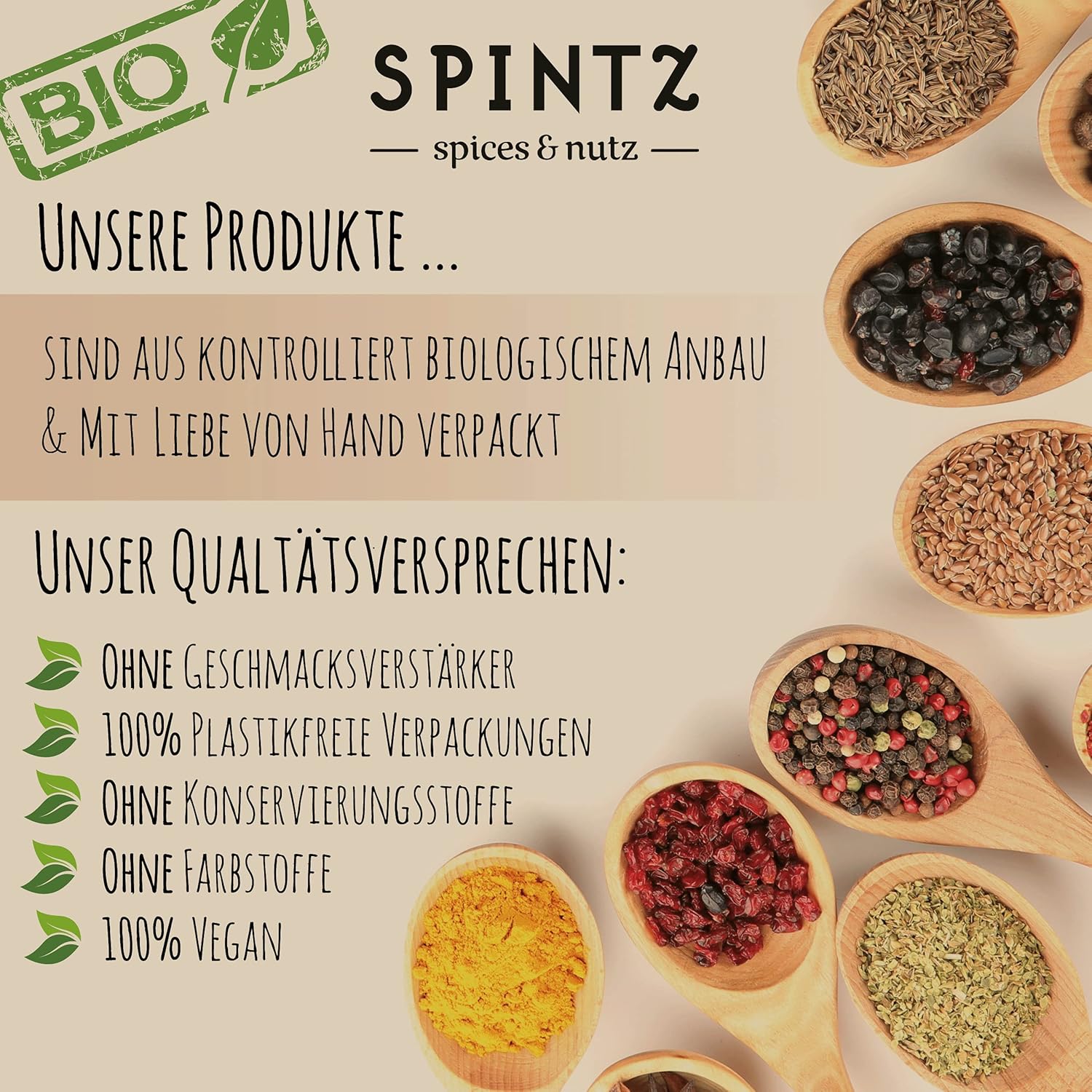 SPINTZ Qualitätsversprechen – Bio-Gewürze ohne Zusatzstoffe, schonend verarbeitet, vegan und plastikfrei verpackt