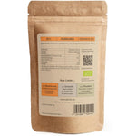 SPINTZ Bio Kurkuma gemahlen – Rückseite der umweltfreundlichen Papierverpackung mit Nährwerttabelle, Zutatenliste, Herkunft aus kontrolliert biologischem Anbau, nachhaltiger Zellulose-Beschichtung, Scan-QR-Code für Rezepte und nachhaltige Produktinformationen