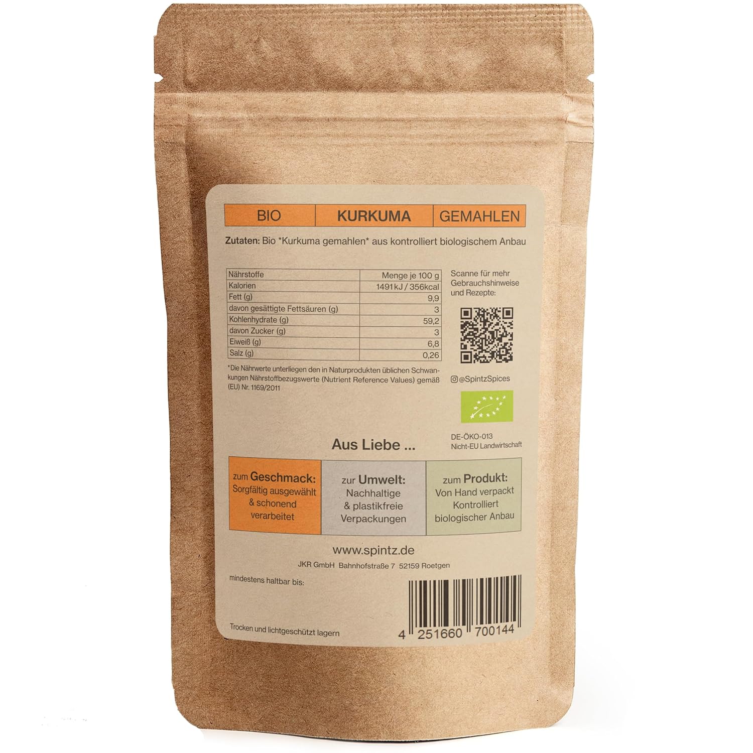 SPINTZ Bio Kurkuma gemahlen – Rückseite der umweltfreundlichen Papierverpackung mit Nährwerttabelle, Zutatenliste, Herkunft aus kontrolliert biologischem Anbau, nachhaltiger Zellulose-Beschichtung, Scan-QR-Code für Rezepte und nachhaltige Produktinformationen