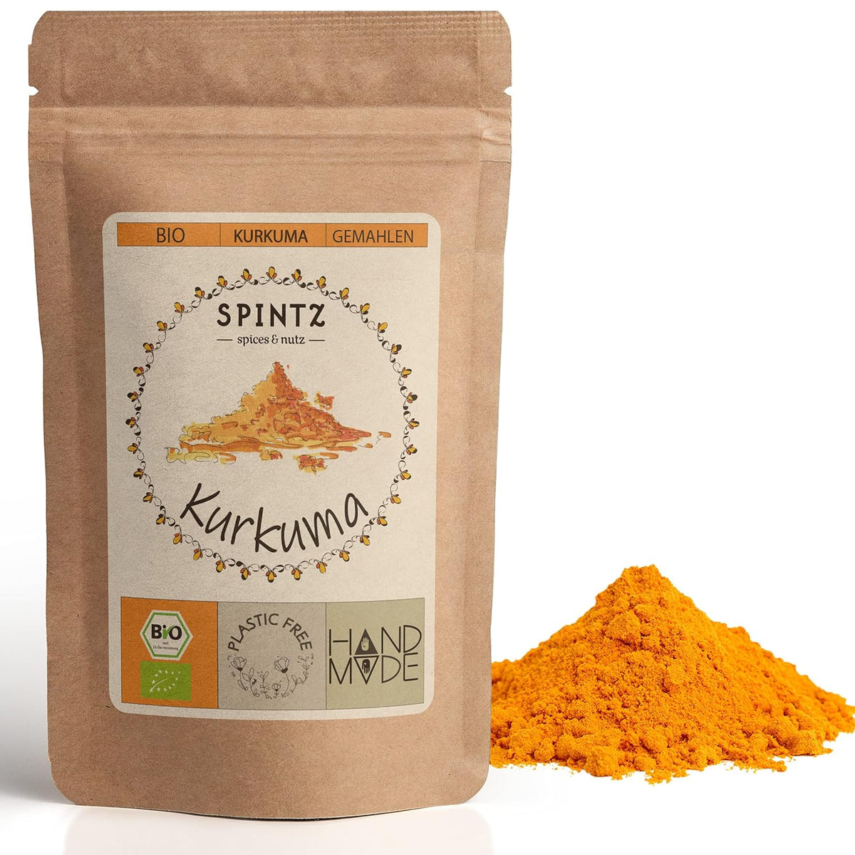 SPINTZ Bio Kurkuma Pulver im nachhaltigen Doypack – fein gemahlen, handverpackt und plastikfrei verpackt