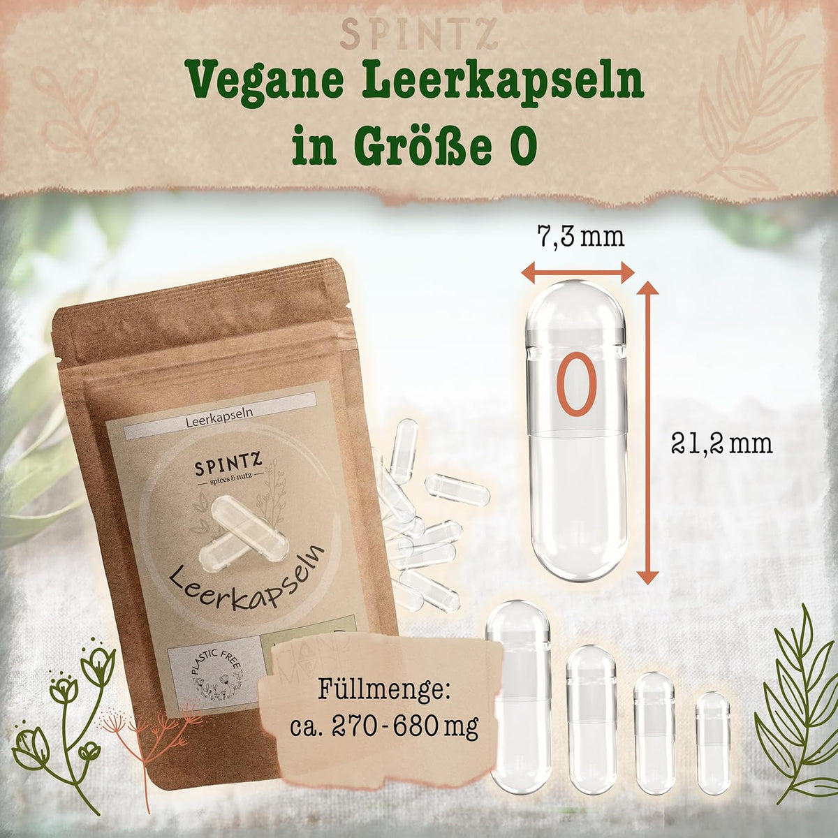 SPINTZ vegane Leerkapseln in Größe 0 mit Füllmenge 270–680 mg – transparente HPMC-Kapseln im umweltfreundlichen Doypack