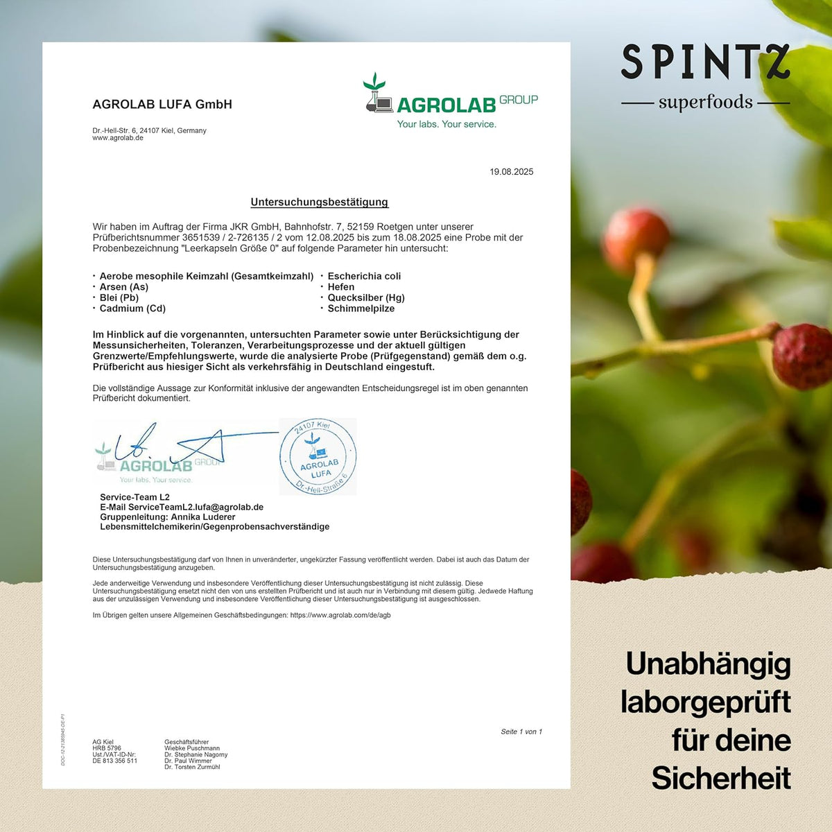 Unabhängige Laborprüfung der SPINTZ Leerkapseln – AGROLAB Analyse bestätigt Reinheit und Sicherheit der veganen HPMC-Kapseln
