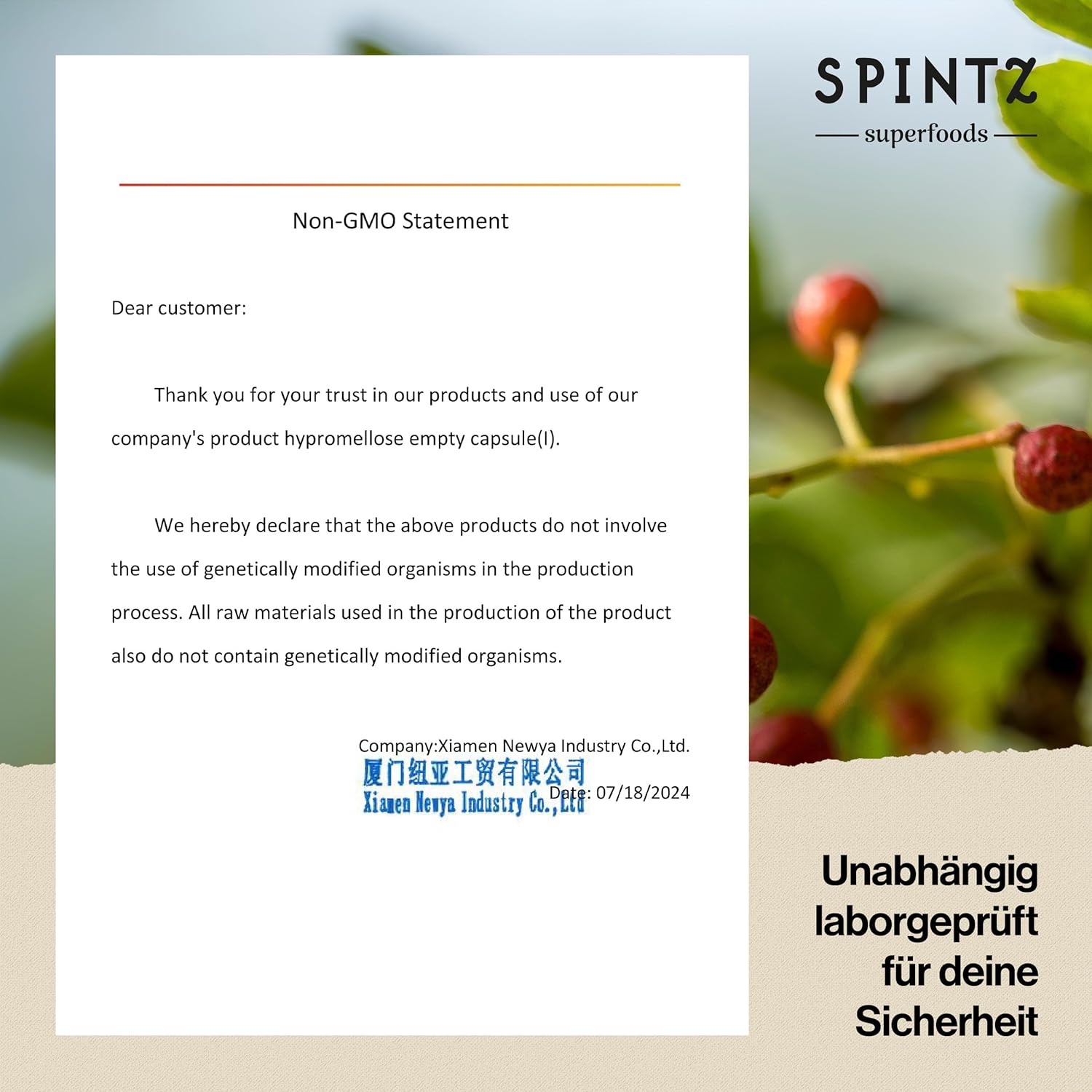 SPINTZ Non-GMO-Zertifikat – Nachweis gentechnikfreier Herstellung für höchste Qualität und Sicherheit der Leerkapseln