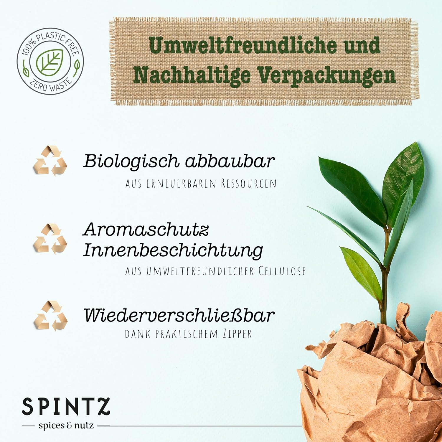 Nachhaltige Verpackung von SPINTZ – biologisch abbaubar, aromaschützend und wiederverschließbar aus pflanzlicher Zellulose