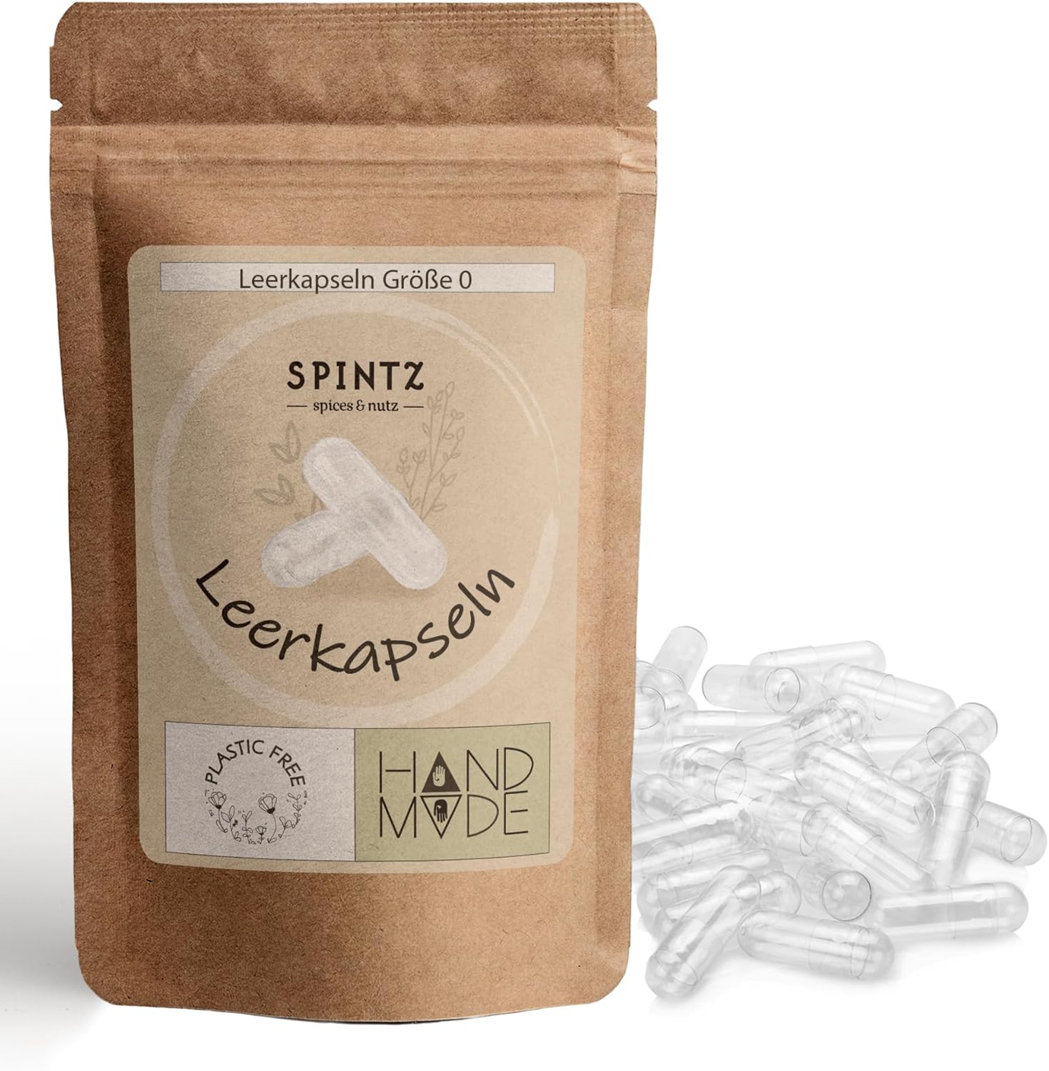 SPINTZ vegane Leerkapseln Größe 0 im nachhaltigen Doypack – transparente HPMC-Kapseln, handgefertigt, plastikfrei und wiederverschließbar