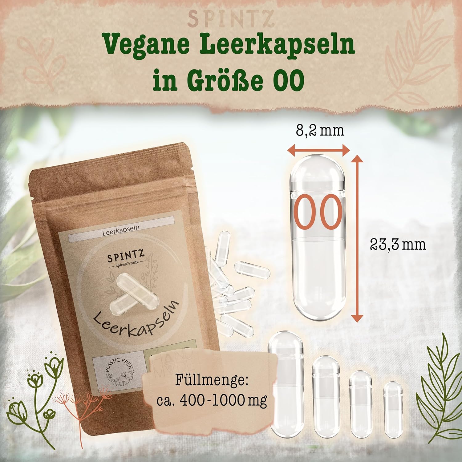 SPINTZ Leerkapseln Größe 00 – vegane HPMC-Kapseln mit 0,92 ml Volumen und Füllmenge 400–1000 mg, ideal zum Selbstbefüllen
