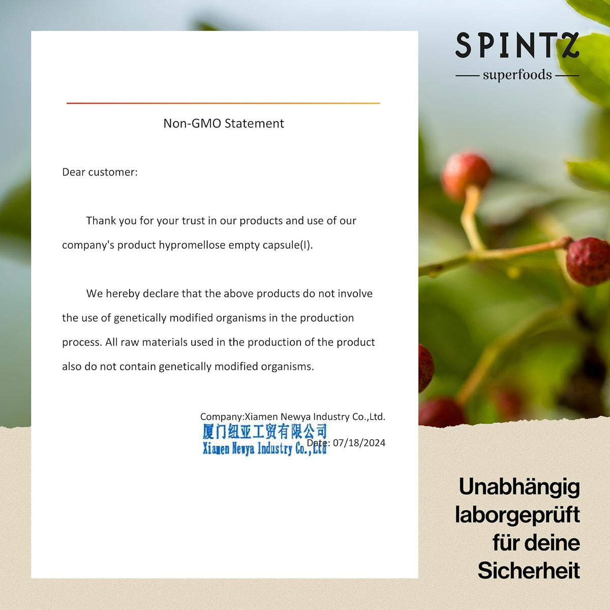 SPINTZ Non-GMO-Zertifikat – bestätigt gentechnikfreie Herstellung der Leerkapseln für höchste Qualität und Sicherheit