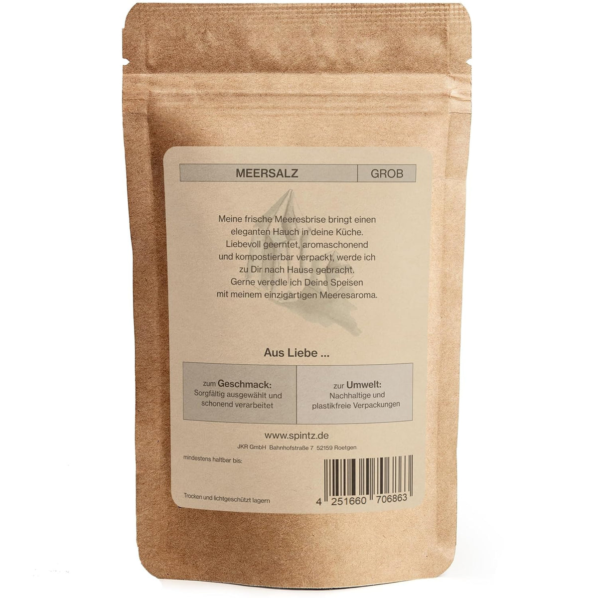 Rückseite der SPINTZ Meersalz Verpackung mit Produktdetails, Herkunft und Bio-Zertifizierung