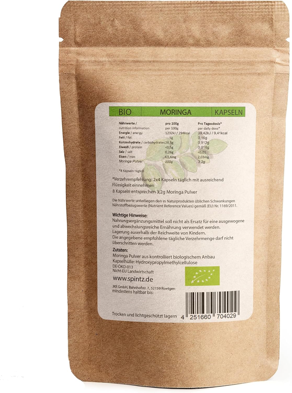 Rückseite der SPINTZ Moringa Kapseln – Nährwertangaben, Zutatenliste und nachhaltige Verpackungsinformationen auf Kraftpapier-Doypack