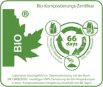Zertifikat biologisch abbaubar – SPINTZ Verpackung kompostierbar nach EN 14806:2010, Zersetzung innerhalb von 66 Tagen